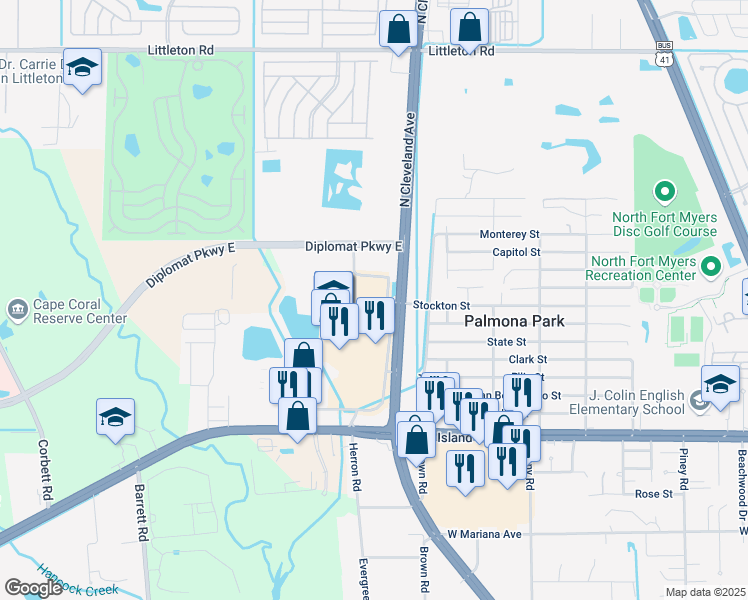 map of restaurants, bars, coffee shops, grocery stores, and more near 3260 Stockton Street in North Fort Myers
