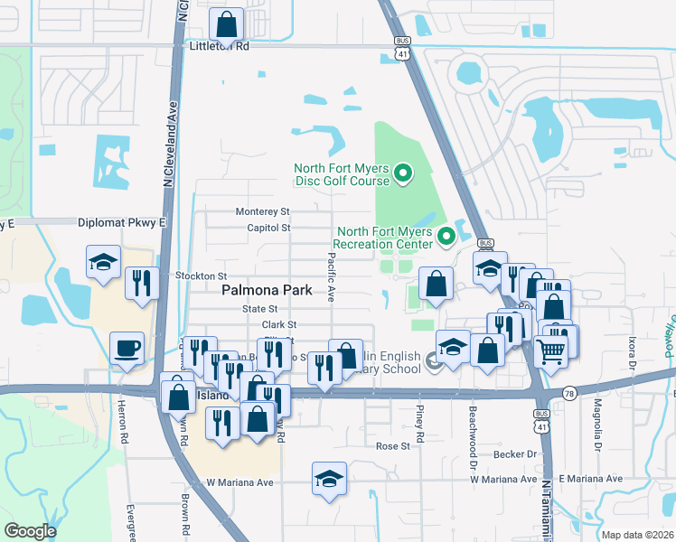 map of restaurants, bars, coffee shops, grocery stores, and more near 246 San Diego Street in North Fort Myers