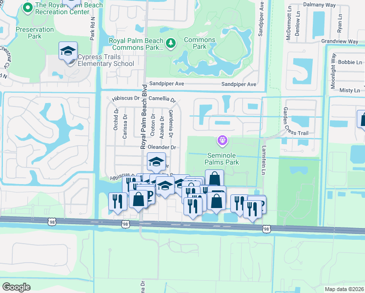 map of restaurants, bars, coffee shops, grocery stores, and more near 880 Camellia Drive in Royal Palm Beach