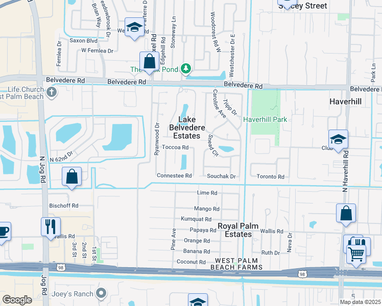 map of restaurants, bars, coffee shops, grocery stores, and more near 591 Toccoa Road in West Palm Beach