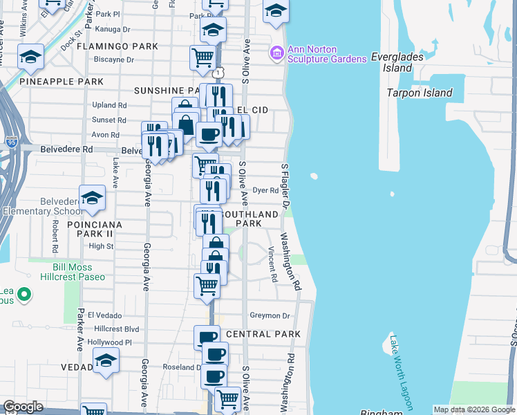 map of restaurants, bars, coffee shops, grocery stores, and more near 230 Dyer Road in West Palm Beach