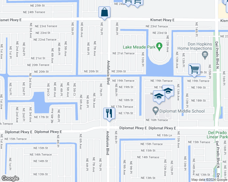 map of restaurants, bars, coffee shops, grocery stores, and more near 1824 Northeast 8th Place in Cape Coral