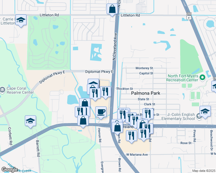 map of restaurants, bars, coffee shops, grocery stores, and more near 3260 Stockton Street in North Fort Myers