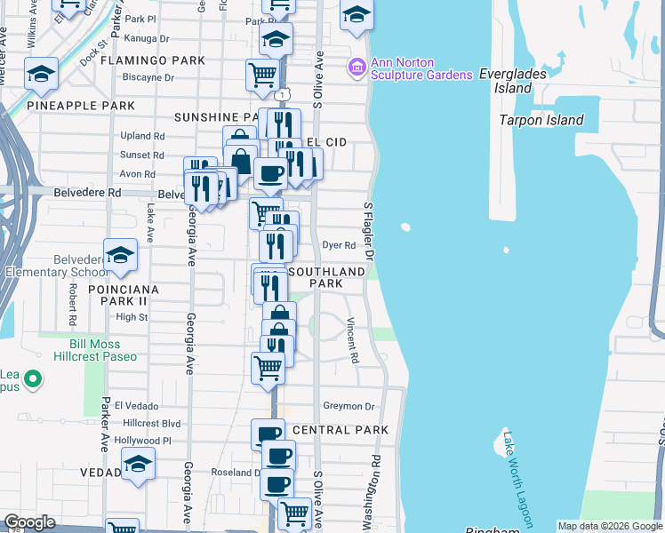 map of restaurants, bars, coffee shops, grocery stores, and more near 222 Monceaux Road in West Palm Beach