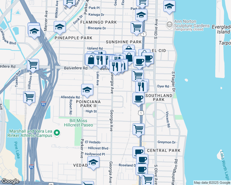 map of restaurants, bars, coffee shops, grocery stores, and more near in West Palm Beach