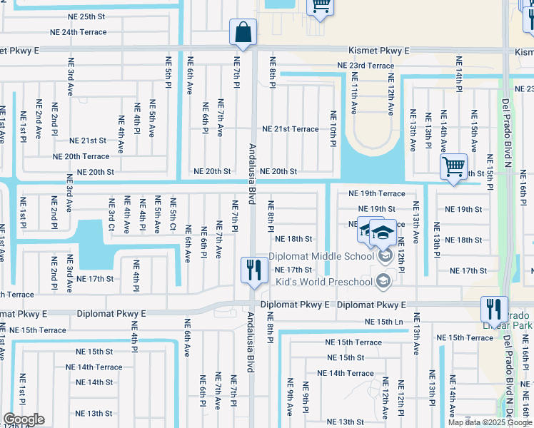 map of restaurants, bars, coffee shops, grocery stores, and more near 823 Northeast 19th Street in Cape Coral