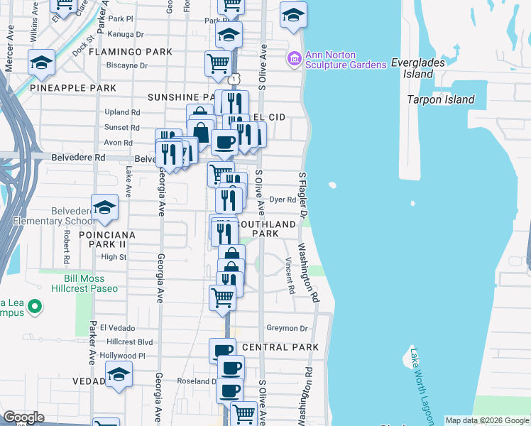 map of restaurants, bars, coffee shops, grocery stores, and more near 230 Dyer Road in West Palm Beach
