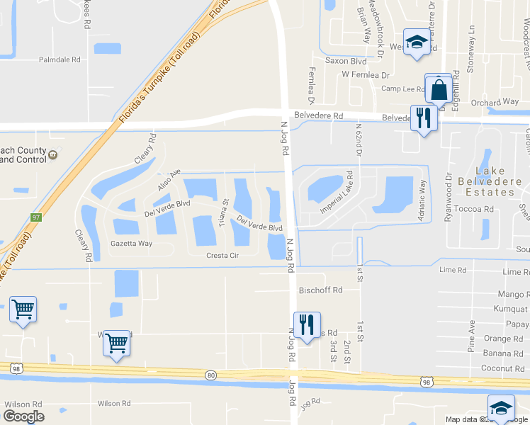 map of restaurants, bars, coffee shops, grocery stores, and more near 443 Cresta Circle in West Palm Beach