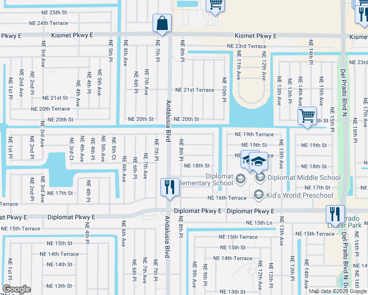 map of restaurants, bars, coffee shops, grocery stores, and more near 823 Northeast 19th Street in Cape Coral