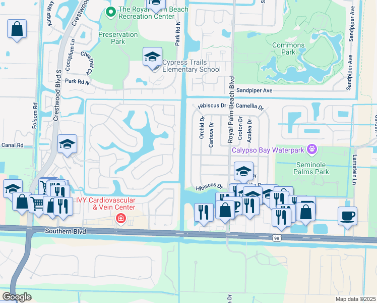 map of restaurants, bars, coffee shops, grocery stores, and more near 799 Hibiscus Drive in Royal Palm Beach
