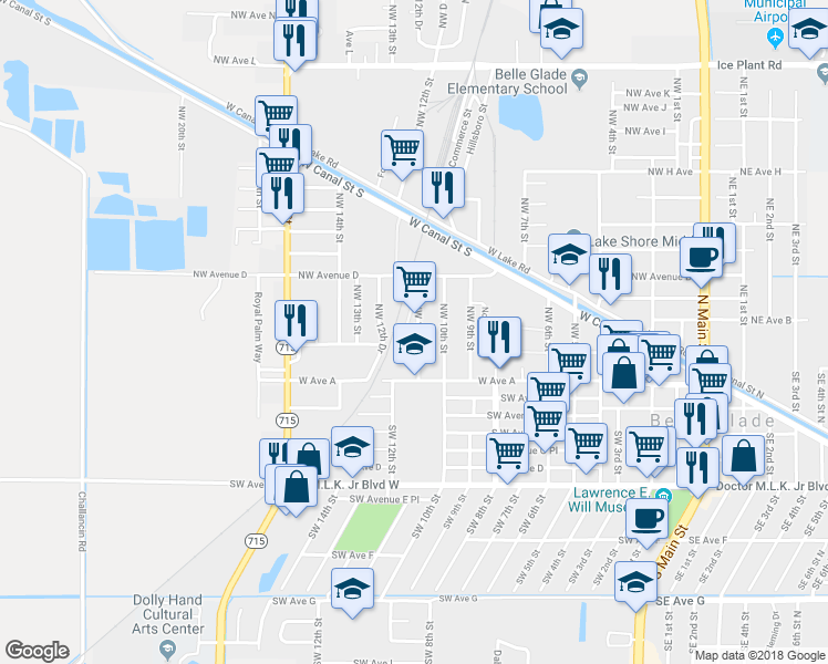 map of restaurants, bars, coffee shops, grocery stores, and more near 242 Northwest 11th Street in Belle Glade