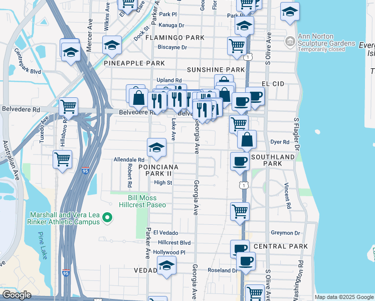 map of restaurants, bars, coffee shops, grocery stores, and more near 722 Omar Road in West Palm Beach