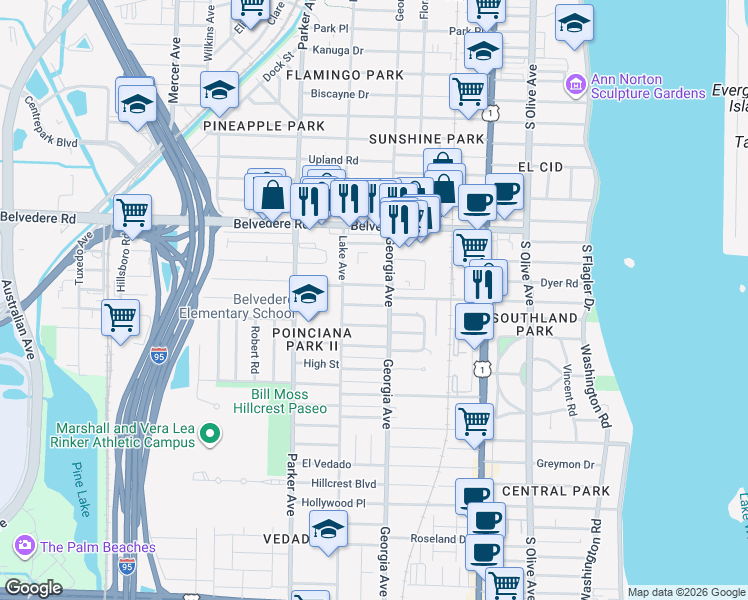 map of restaurants, bars, coffee shops, grocery stores, and more near 722 Omar Road in West Palm Beach