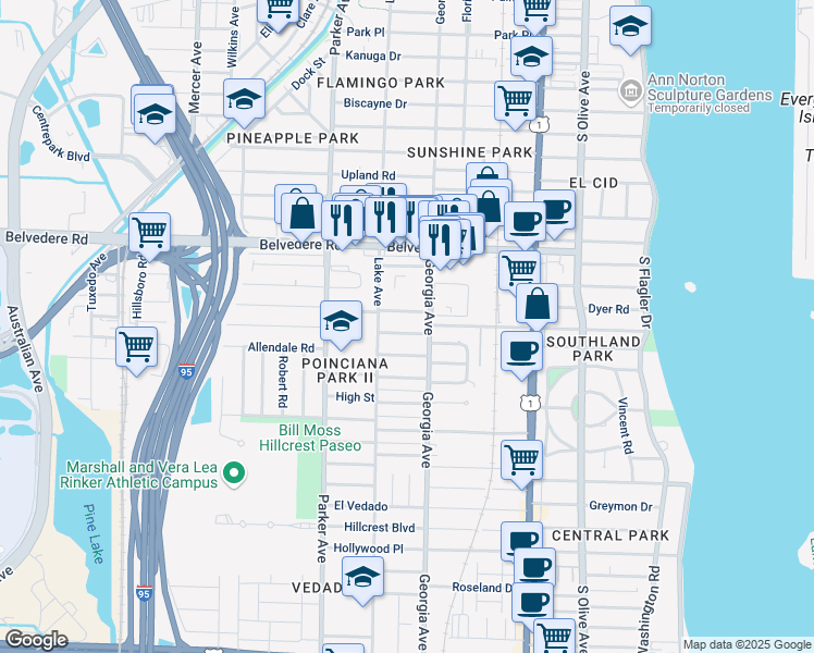 map of restaurants, bars, coffee shops, grocery stores, and more near 722 Omar Road in West Palm Beach