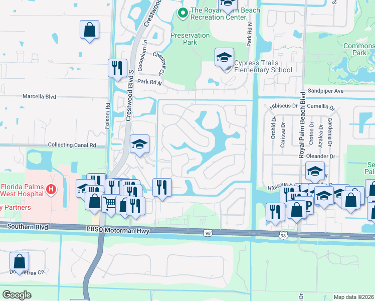 map of restaurants, bars, coffee shops, grocery stores, and more near 114 Kapok Crescent in Royal Palm Beach