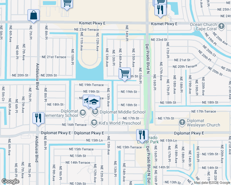map of restaurants, bars, coffee shops, grocery stores, and more near 1902 Northeast 13th Place in Cape Coral