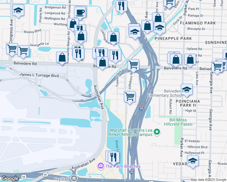 map of restaurants, bars, coffee shops, grocery stores, and more near 2901 Tuxedo Avenue in West Palm Beach