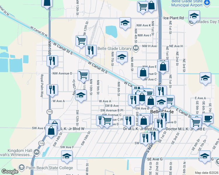 map of restaurants, bars, coffee shops, grocery stores, and more near 601 Covenant Drive in Belle Glade