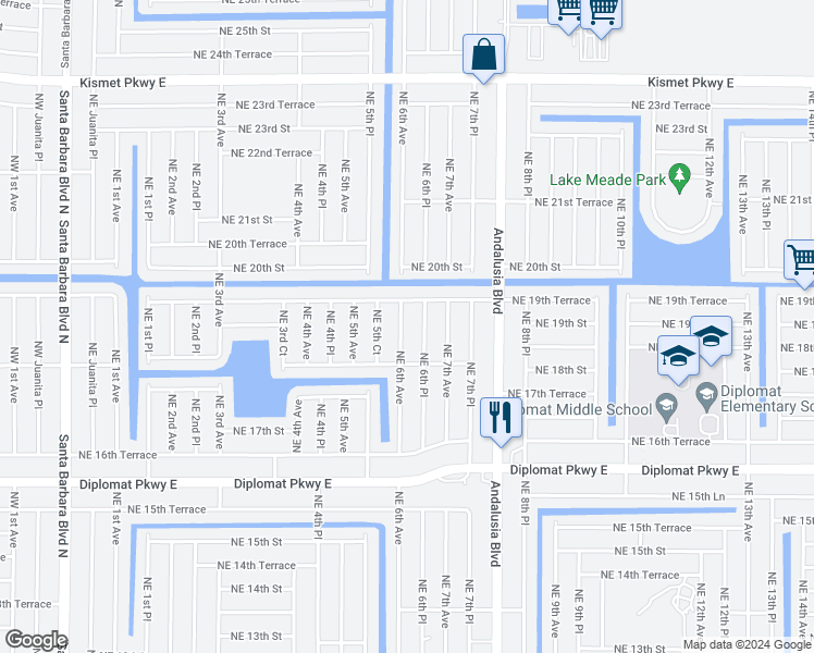 map of restaurants, bars, coffee shops, grocery stores, and more near 1901 Northeast 6th Avenue in Cape Coral