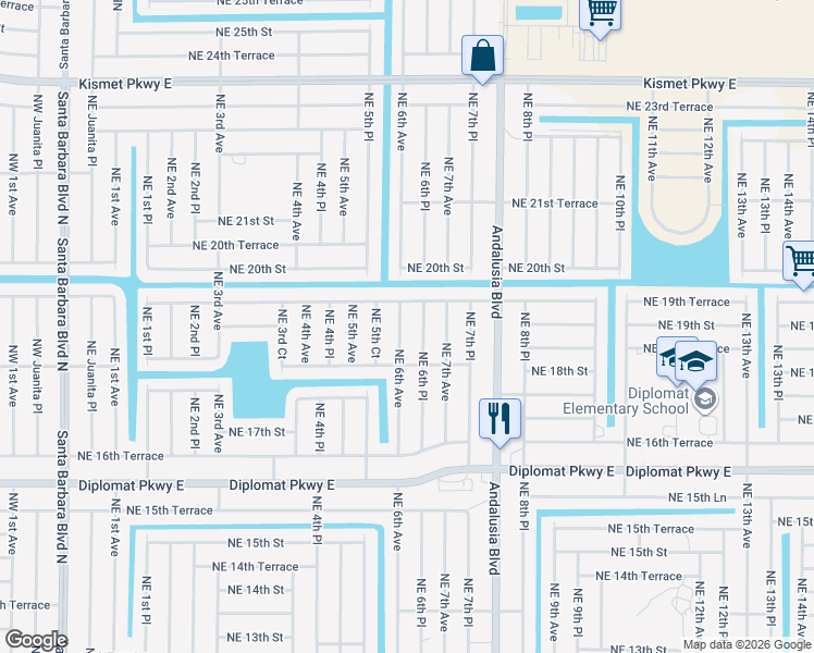 map of restaurants, bars, coffee shops, grocery stores, and more near 1905 Northeast 6th Place in Cape Coral