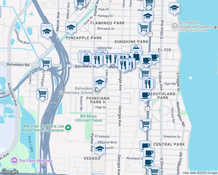 map of restaurants, bars, coffee shops, grocery stores, and more near 745 Talladega Street in West Palm Beach