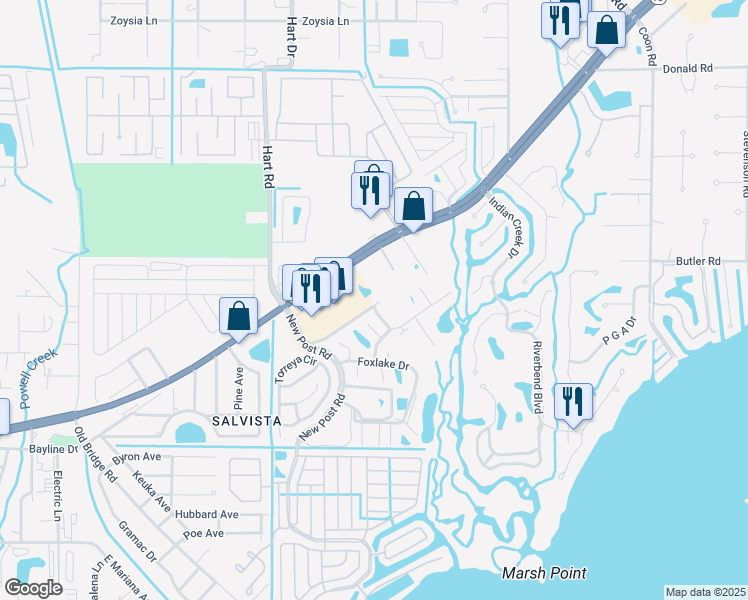 map of restaurants, bars, coffee shops, grocery stores, and more near 5701 Longleaf Drive in North Fort Myers