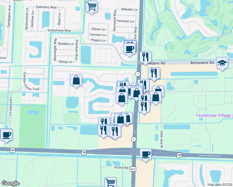 map of restaurants, bars, coffee shops, grocery stores, and more near 102 Bella Vista Way in Royal Palm Beach