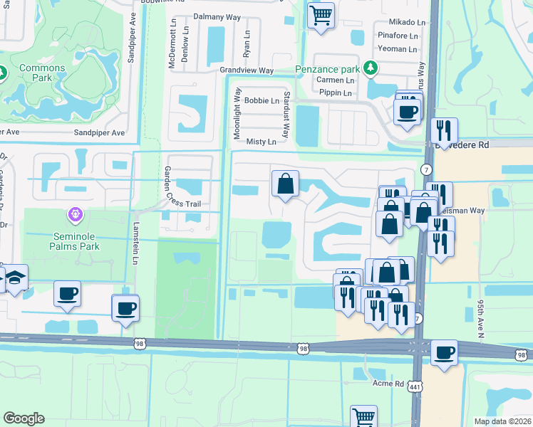 map of restaurants, bars, coffee shops, grocery stores, and more near 137 Sarona Circle in Royal Palm Beach