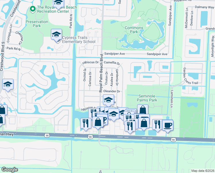 map of restaurants, bars, coffee shops, grocery stores, and more near 828 Croton Dr in Royal Palm Beach