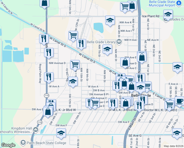map of restaurants, bars, coffee shops, grocery stores, and more near 251 Noah Court in Belle Glade