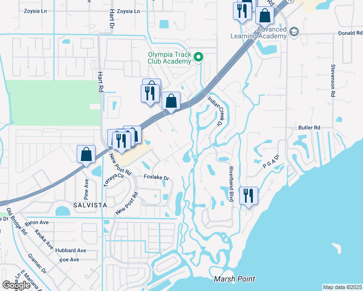 map of restaurants, bars, coffee shops, grocery stores, and more near 5831 Crystal Lake Lane in North Fort Myers