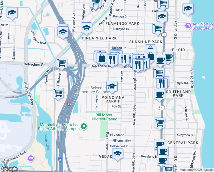 map of restaurants, bars, coffee shops, grocery stores, and more near 2813 Parker Avenue in West Palm Beach