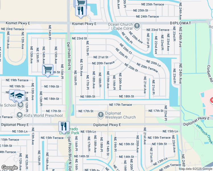map of restaurants, bars, coffee shops, grocery stores, and more near 1828 Northeast 19th Avenue in Cape Coral