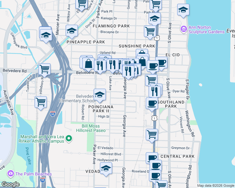 map of restaurants, bars, coffee shops, grocery stores, and more near 722 Omar Road in West Palm Beach