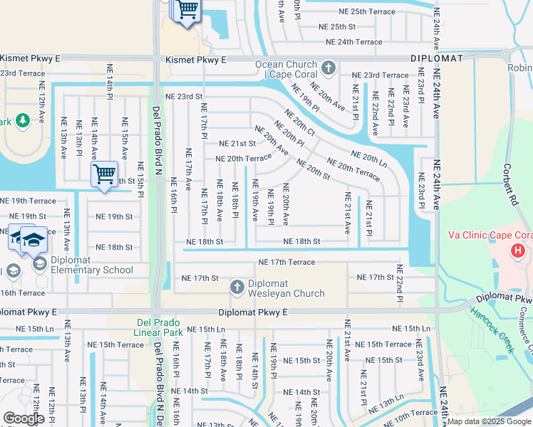 map of restaurants, bars, coffee shops, grocery stores, and more near 1828 Northeast 19th Place in Cape Coral