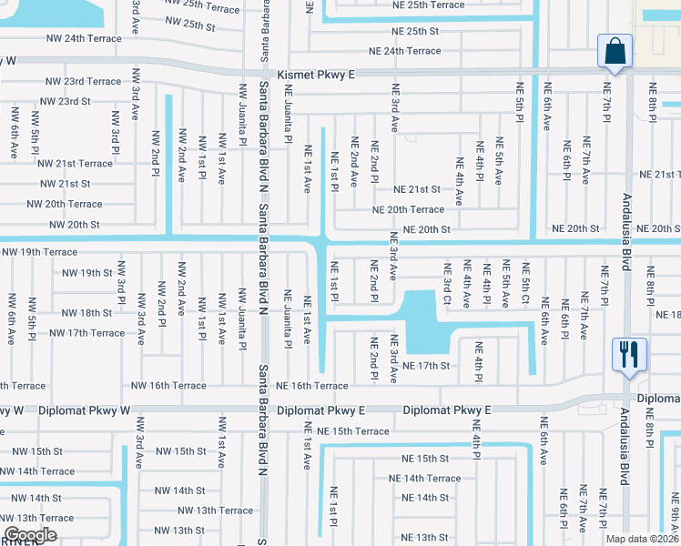 map of restaurants, bars, coffee shops, grocery stores, and more near 1905 NE 1st Pl in Cape Coral