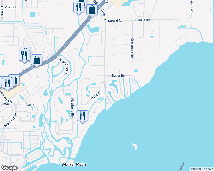 map of restaurants, bars, coffee shops, grocery stores, and more near 10 Admiralty Circle in North Fort Myers