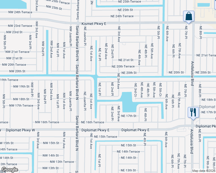 map of restaurants, bars, coffee shops, grocery stores, and more near 1904 Northeast 2nd Place in Cape Coral