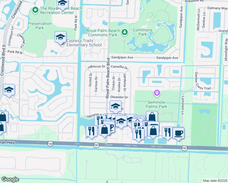 map of restaurants, bars, coffee shops, grocery stores, and more near 828 Croton Drive in Royal Palm Beach