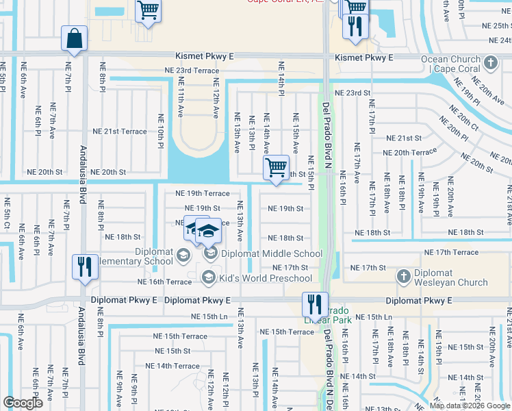 map of restaurants, bars, coffee shops, grocery stores, and more near 1902 Northeast 13th Place in Cape Coral