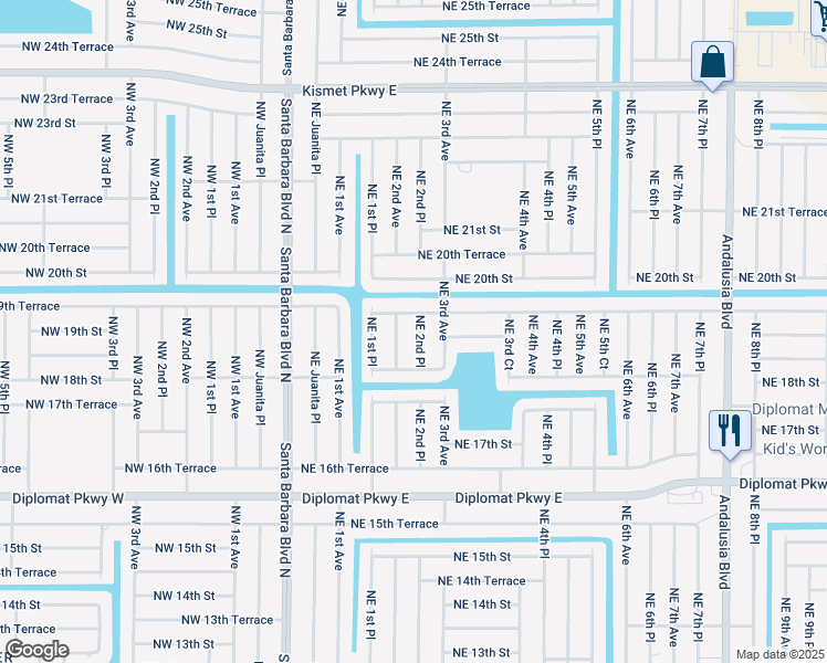 map of restaurants, bars, coffee shops, grocery stores, and more near 1904 Northeast 2nd Place in Cape Coral