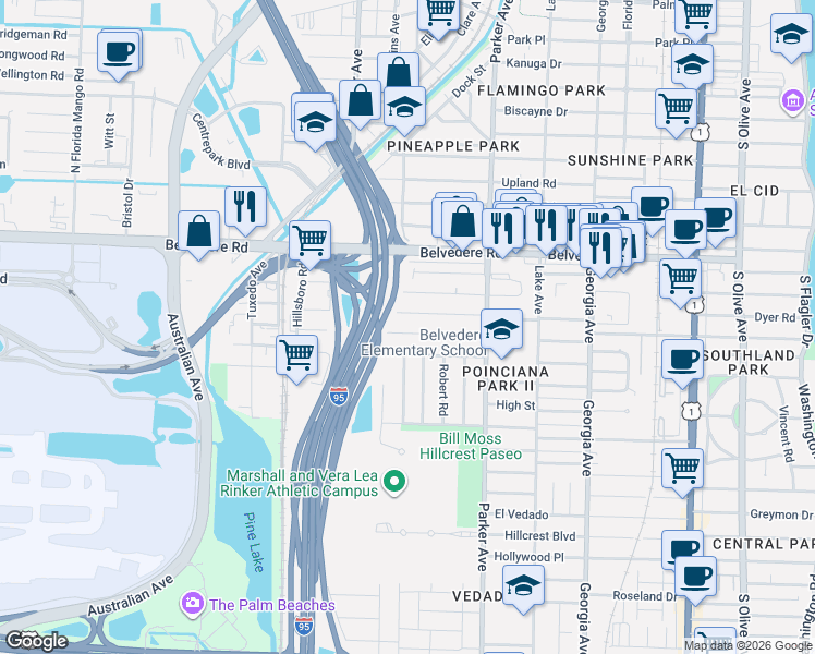 map of restaurants, bars, coffee shops, grocery stores, and more near 1023 Andrews Road in West Palm Beach