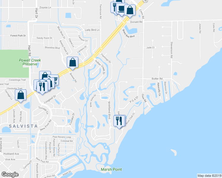 map of restaurants, bars, coffee shops, grocery stores, and more near 610 Moonraker Court in North Fort Myers