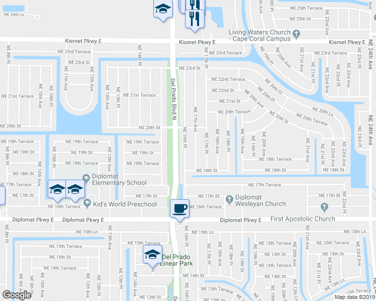 map of restaurants, bars, coffee shops, grocery stores, and more near 1825 Northeast 16th Place in Cape Coral