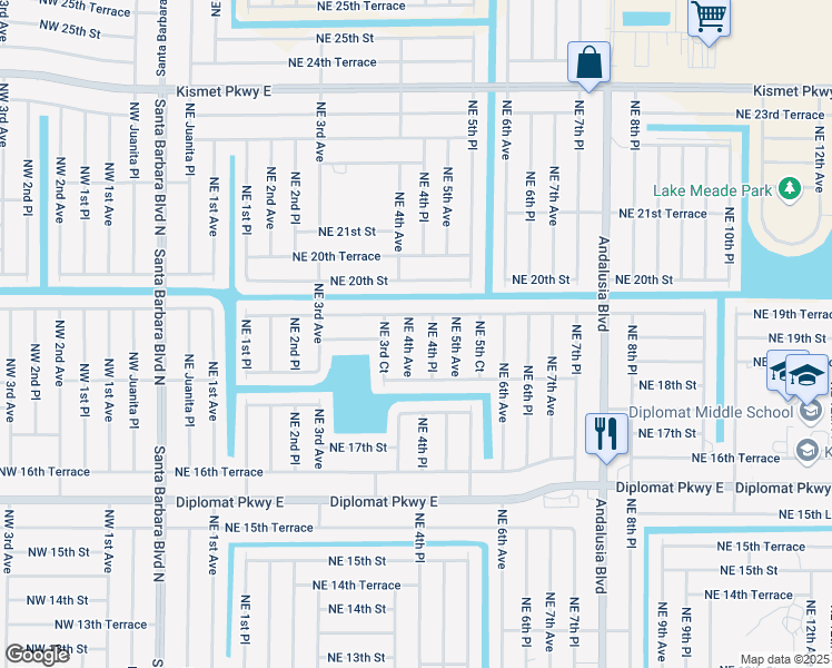 map of restaurants, bars, coffee shops, grocery stores, and more near 1905 Northeast 4th Avenue in Cape Coral