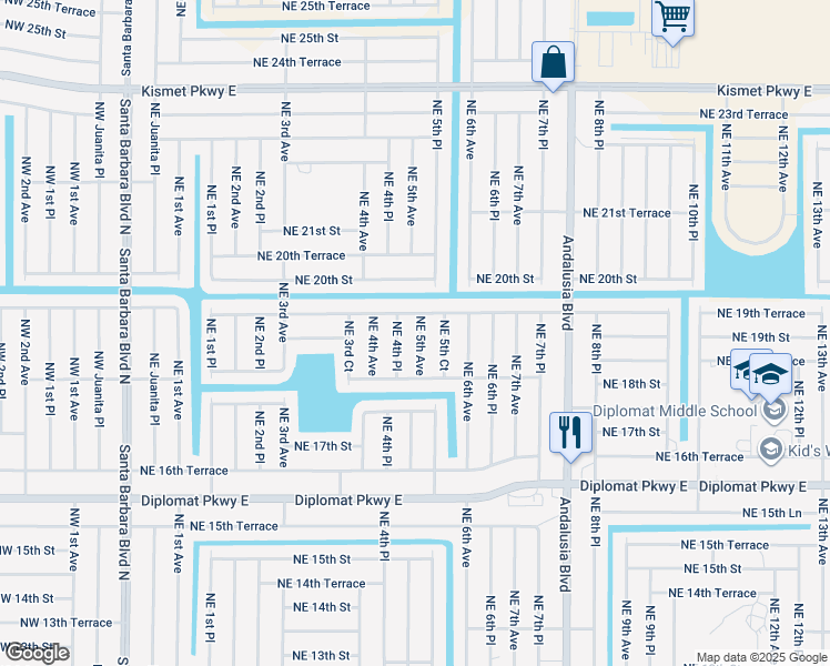 map of restaurants, bars, coffee shops, grocery stores, and more near 1904 Northeast 5th Avenue in Cape Coral