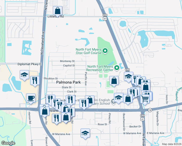 map of restaurants, bars, coffee shops, grocery stores, and more near 246 San Diego Street in North Fort Myers