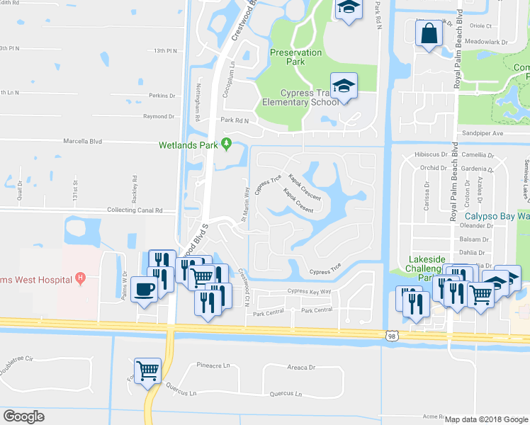 map of restaurants, bars, coffee shops, grocery stores, and more near 287 Cypress Trce in Royal Palm Beach