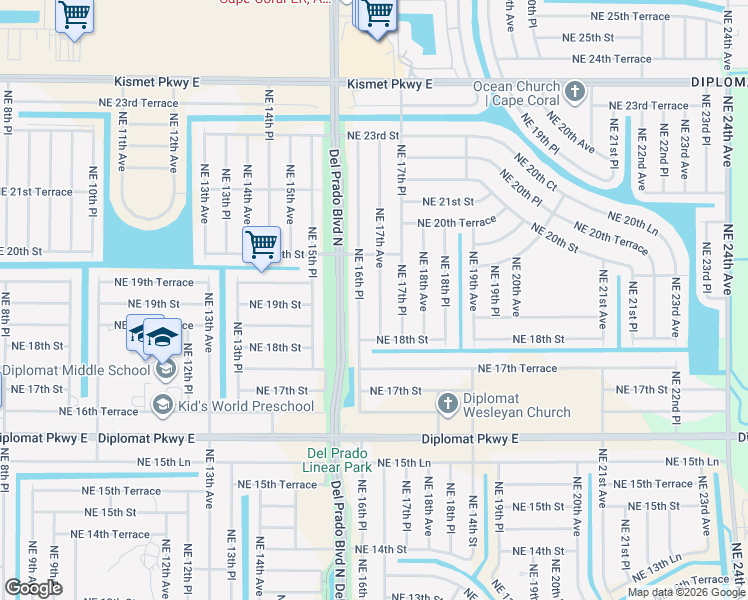 map of restaurants, bars, coffee shops, grocery stores, and more near 1825 Northeast 16th Place in Cape Coral
