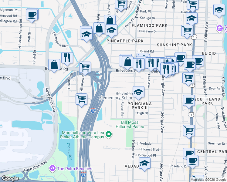 map of restaurants, bars, coffee shops, grocery stores, and more near 1023 Andrews Road in West Palm Beach